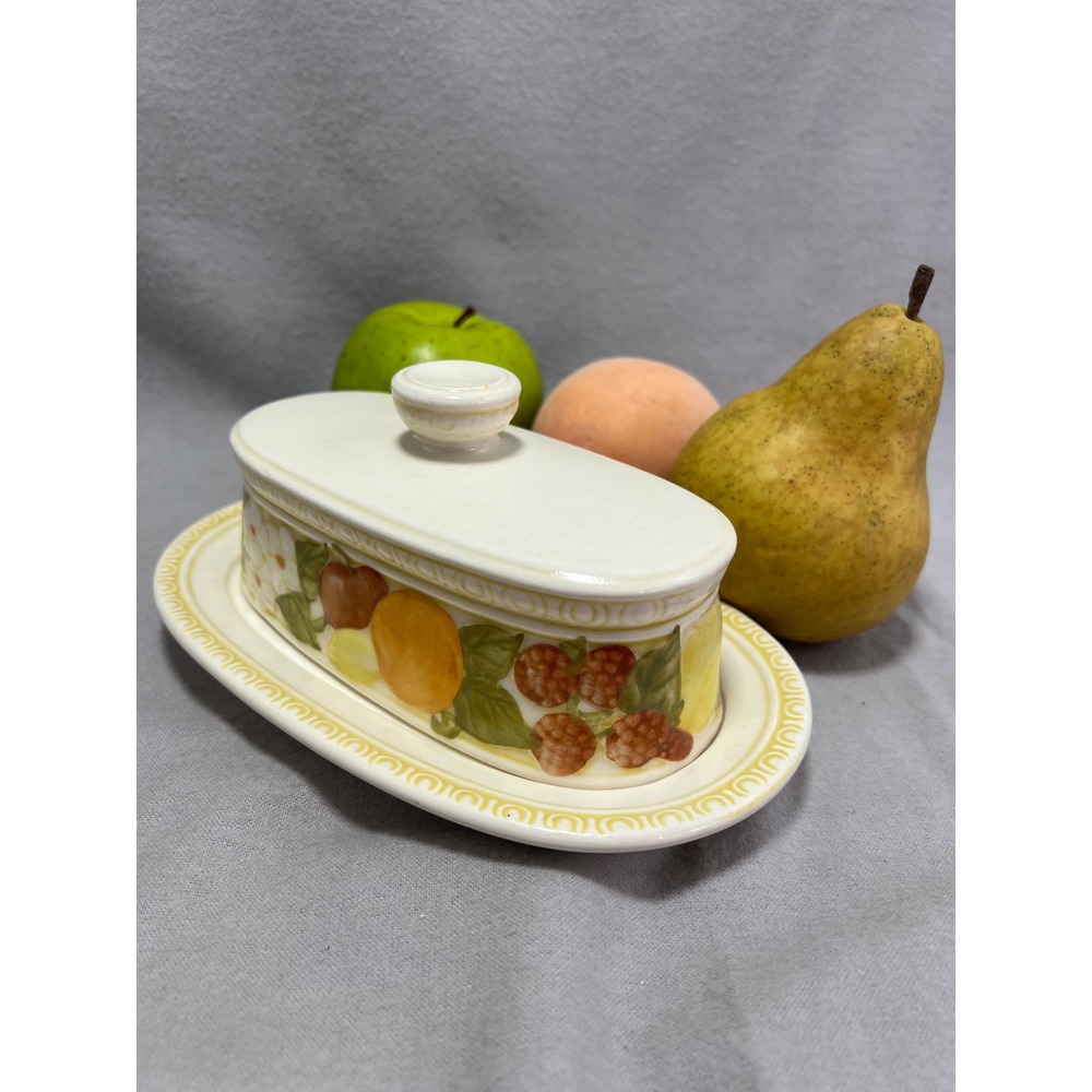Metlox Vernonware Poppytrail Della Robbia Butter Dish Fruit Floral 70s Vintage